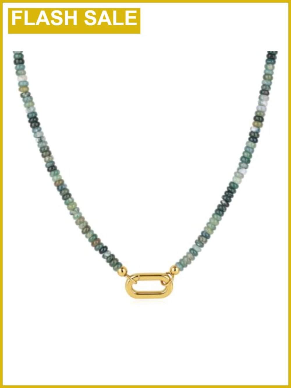 Moss agate beaded charm necklace, gold plated clasp, 18"